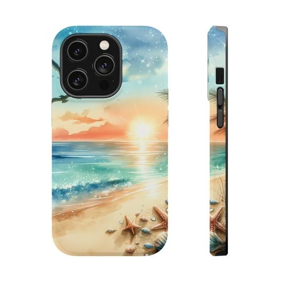 DistinctInk MagSafe Tough Case for Apple iPhone 15 Pro Max (6.7" Screen) - Tranquil Beach Oasis: Watercolor Serenity - Tempered Glass Back