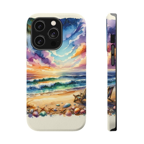DistinctInk MagSafe Tough Case for Apple iPhone 15 Pro Max (6.7" Screen) - Tranquil Sunset Beach with Palm Tree - Raised Bezel Screen Guard