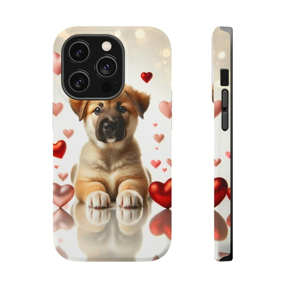 DistinctInk MagSafe Tough Case for Apple iPhone 15 Pro Max (6.7" Screen) - Valentine's Day Chinook Puppy - Raised Bezel Screen Guard