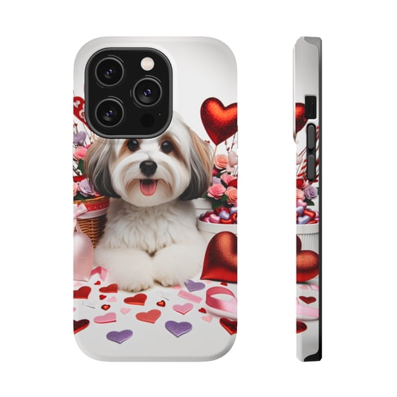 DistinctInk MagSafe Tough Case for Apple iPhone 15 Pro Max (6.7" Screen) - Valentine's Day Havanese - Slim Profile Design