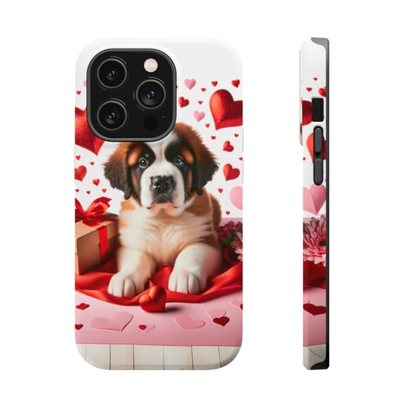 DistinctInk Tough Case for Apple iPhone 15 Pro MAX (6.7" Screen), Compatible with MagSafe Charging - Valentine's Day St. Bernard Puppy
