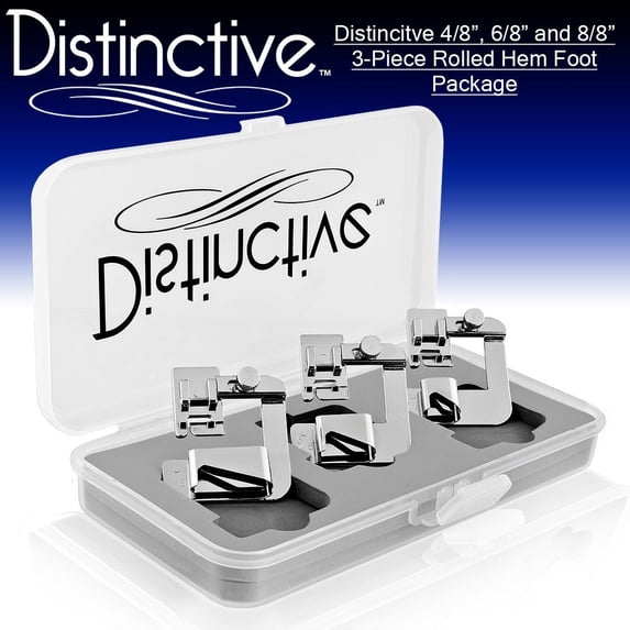 Distinctive 4-8, 6-8 and 8-8 Inch Wide Rolled Hem 3-Piece Hemmer Sewing Foot Package - Fits Low Shank Snap-On Machines