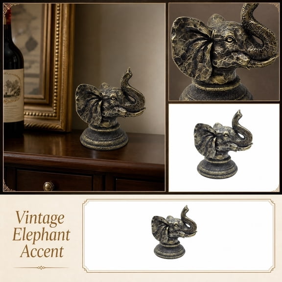 Distinctive Collectible Display Piece, Elephant Statue, Vintage Decor for Home, Gold Shelf Decor, 6X5 Inch Antique Finish Elephant Head Decor for Hallway, Bar Cabinet, and