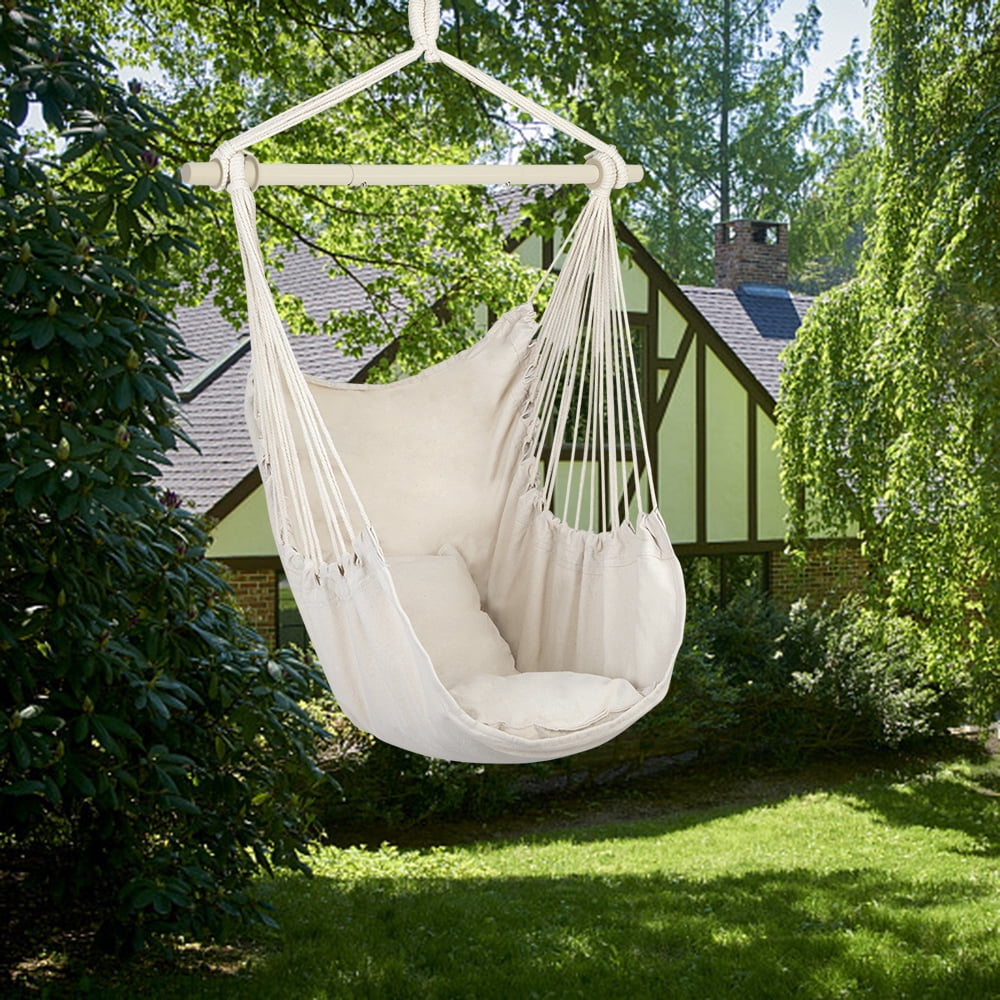Distinctive Cotton Canvas Hanging Rope Chair with Pillows, Beige