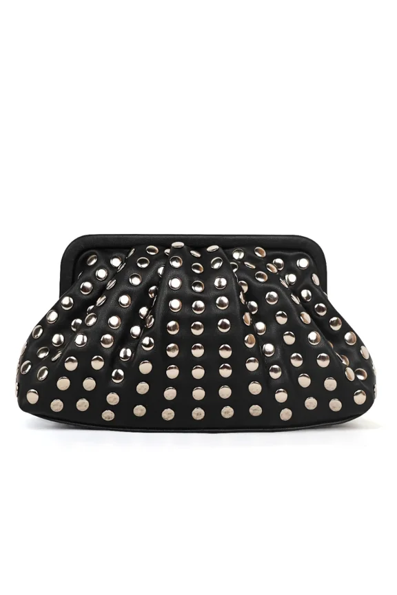 Distinctive Design Clutch Purse Luxury For Women New In Black Soft Faux Leather Fashion Rivet Magnetic Buckle Shell Shape Wallet