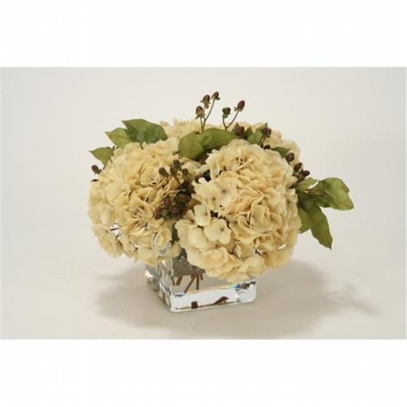Distinctive Designs 16916 Waterlook Beige Hydrangeas & Brown Hypercum Berries in Square Glass Vase