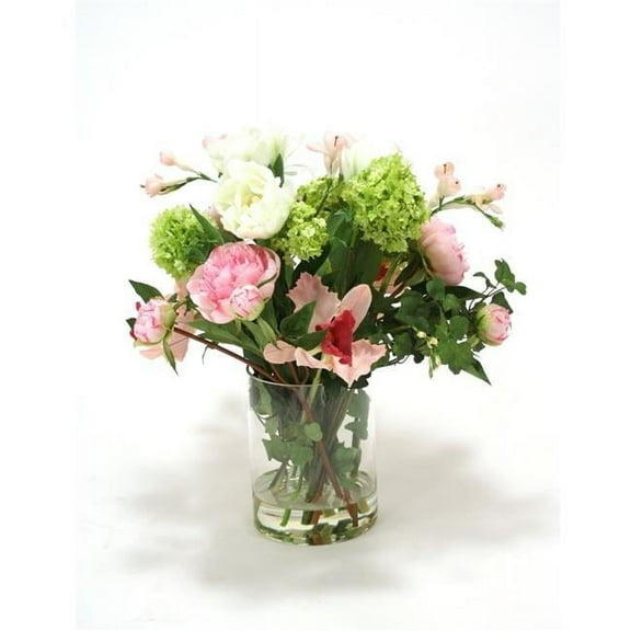 Distinctive Designs 17031A Waterlook R Pink Peonies, Cream Ranunculas & Green Hydrangea in Clear Glass Vase, Mixed