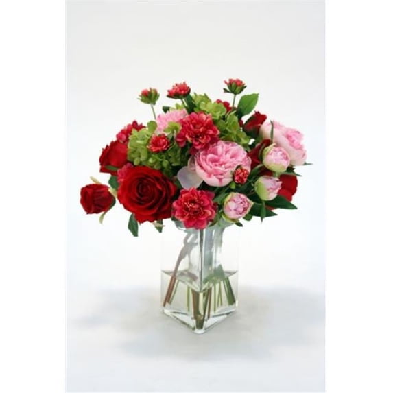 Distinctive Designs 17050A Waterlook Red Roses Peonies And Fushia Dahlia in Triangle Vase - Pinks