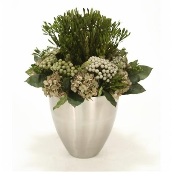 Distinctive Designs 3444 Green Hydrangeas & Brunia Patlys Salal Leaves in Tapered Metal Vase