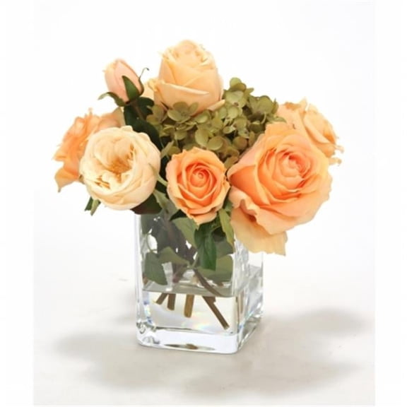 Distinctive Designs International 16157 Waterlook Silk Roses And Hydrangeas In A Clear Glass Square