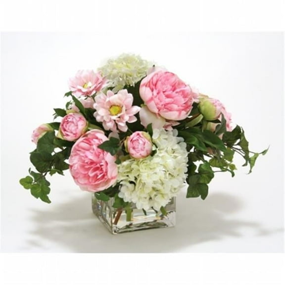 Distinctive Designs International 17030 White Hydrangea - Pink Peonies & Daisy in Square Glass Vase