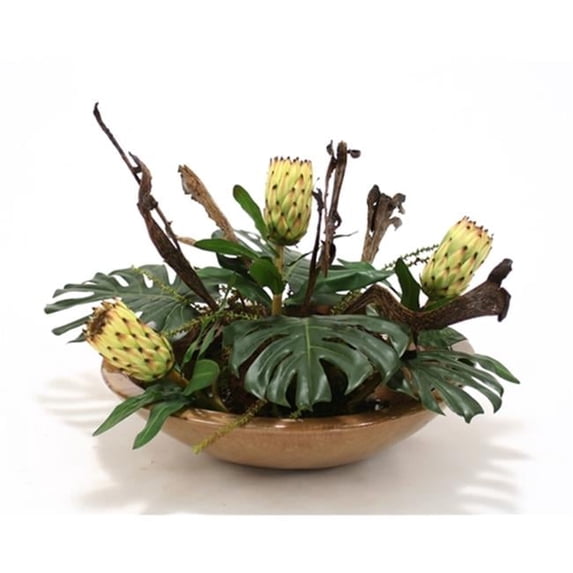 Distinctive Designs International 6087 Silk Tropical Foliage With Proteas- Natrag And Pods In Mocha Glazed Bowl