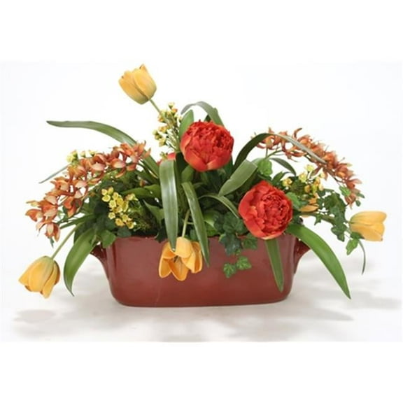 Distinctive Designs International 7459 Rust, Green And Gold Silk Garden Floral Mix In A Red Oval Ceramic French Tureen