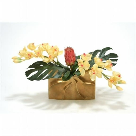 Distinctive Designs International 9820 Tropical Mix of Champagne Burgundy Orchids & Protea in a Gold Ritz Vase