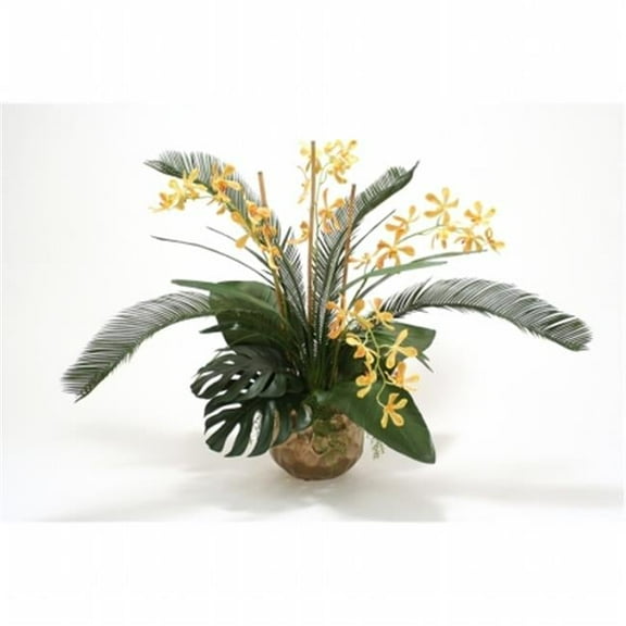 Distinctive Designs International 9878 Yellow Orange Vanda Orchid with Tropical Foliage in Burnt Gold Gabbi Pot