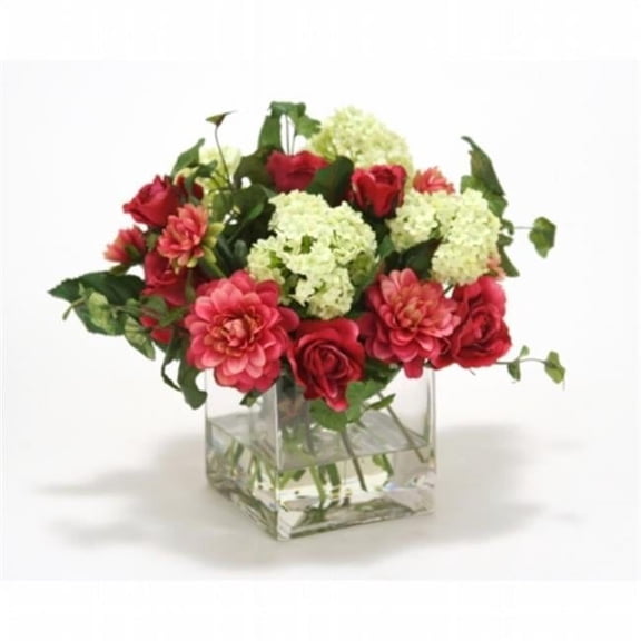 Distinctive Designs International 17029 Fuschia Dahlia & Roses- cream Green Snowballs in Glass Cube
