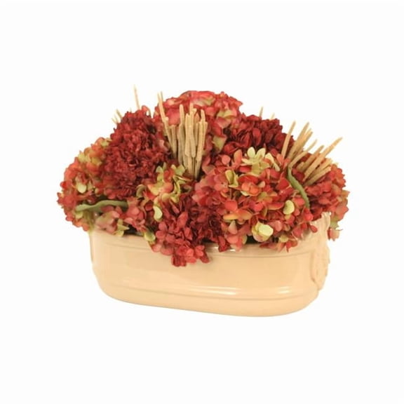 Distinctive Designs 30050 Luxury Artificial Decor Burgundy Green Hydrangeas Mixed with Dried Millet & Foliage Beige Planter