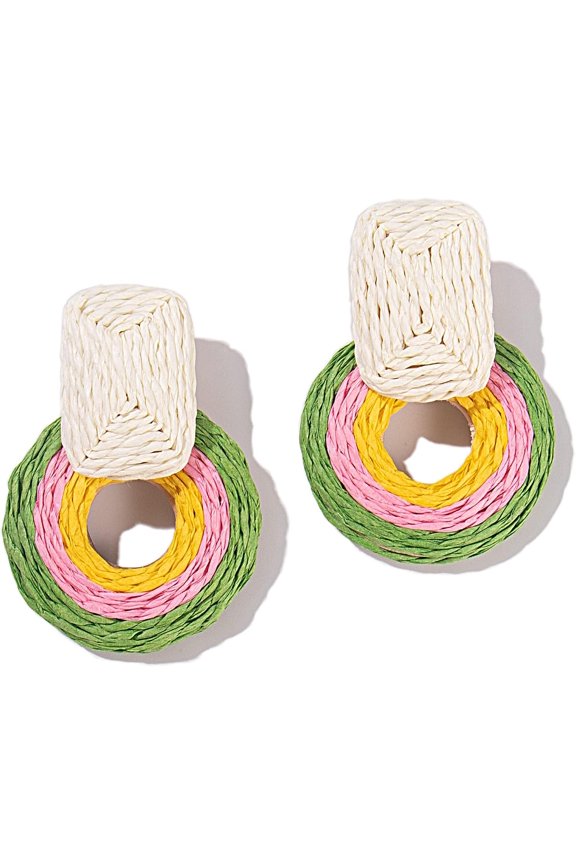 Distinctive Raffia Earrings—Stylish Bohemian-style woven rattan drop earrings featuring a handcrafted wrapped design; perfect summer drop earrings for women.
