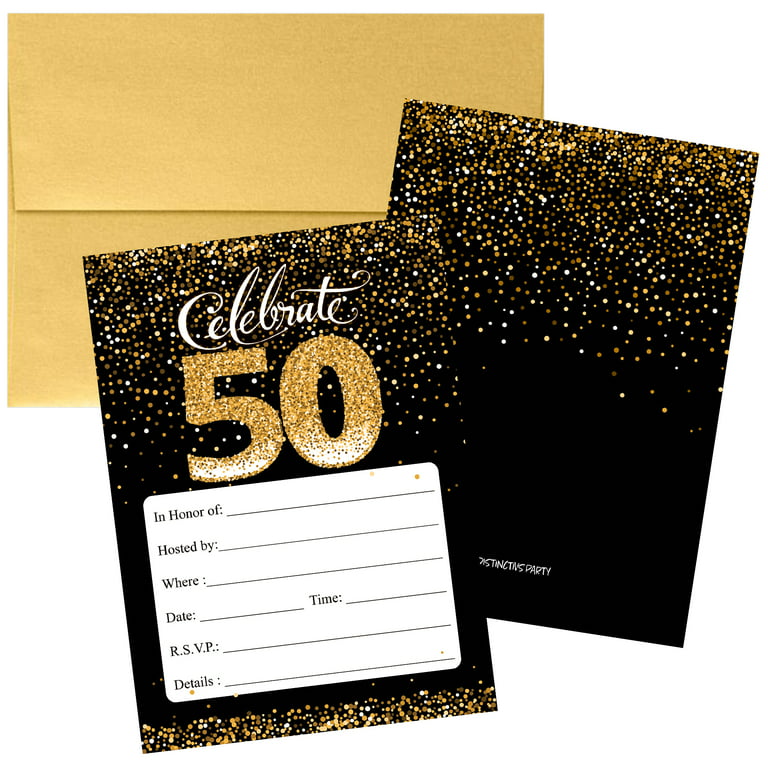 Distinctivs Black and Gold 50th Birthday Party Invitation Cards with  Envelopes, 10 Invites