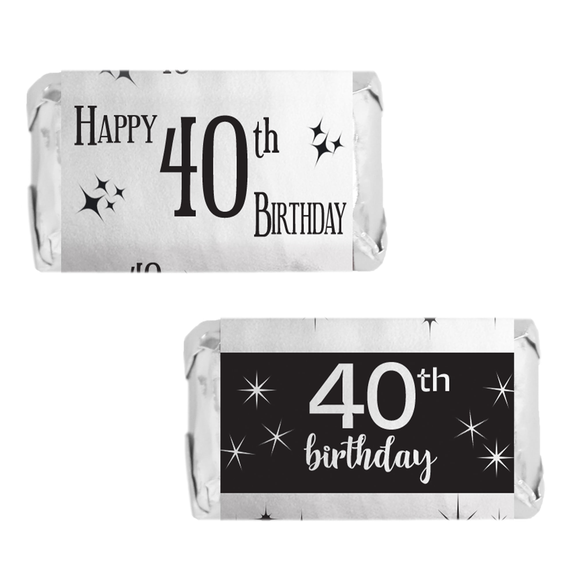 Distinctivs Black and Shiny Metallic Silver 40th Birthday Party Mini Candy Bar Wrappers, 45 Party Favor Stickers