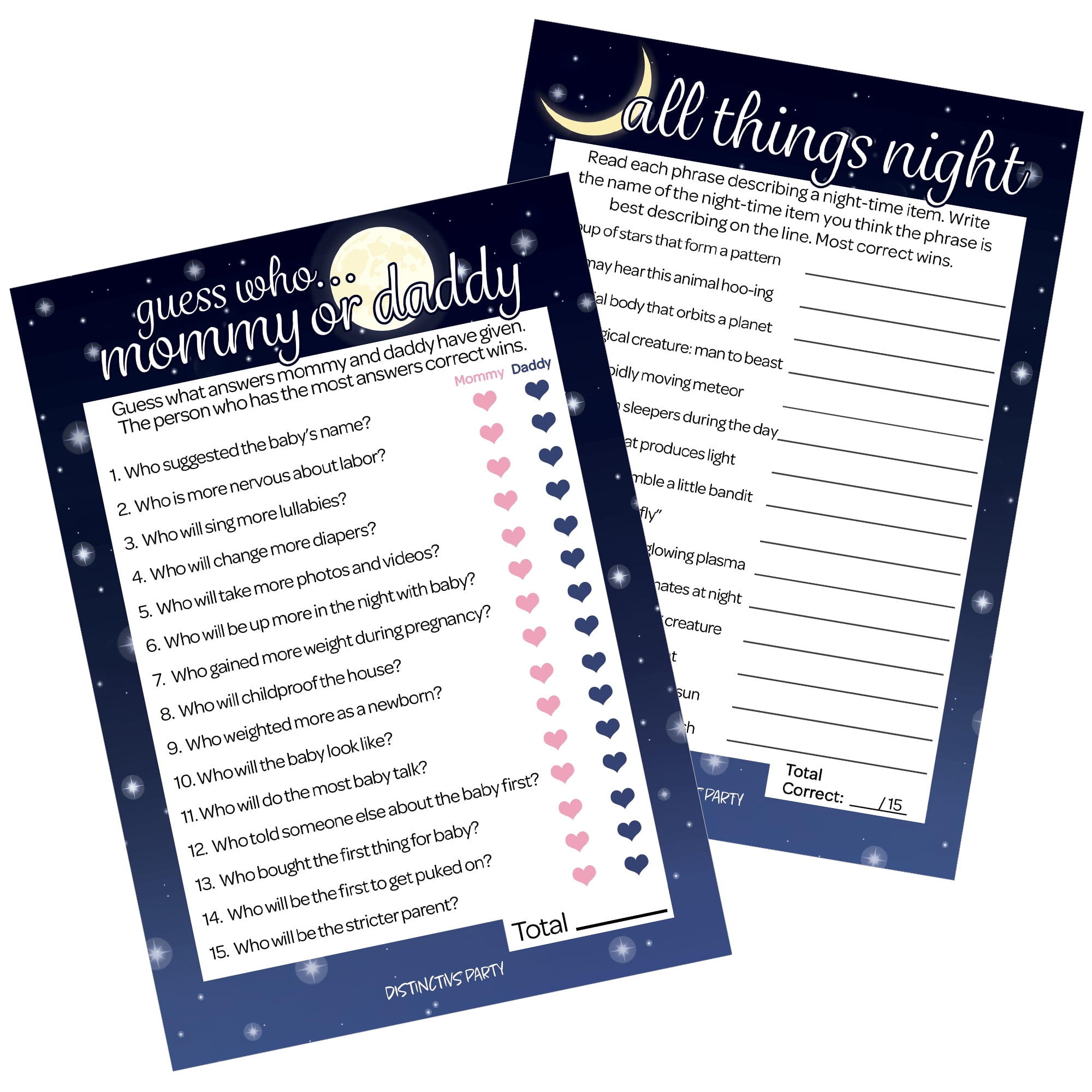 Distinctivs Blue Love You to the Moon Guess Who Mommy or Daddy and All Things Night Baby Shower Game Bundle, 20 Cards