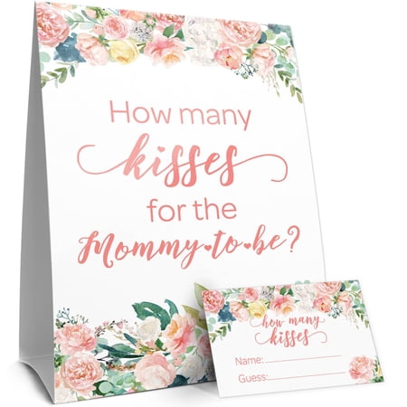 Distinctivs Pink Floral How Many Kisses Baby Shower Party Game, Sign and 30 Game Cards