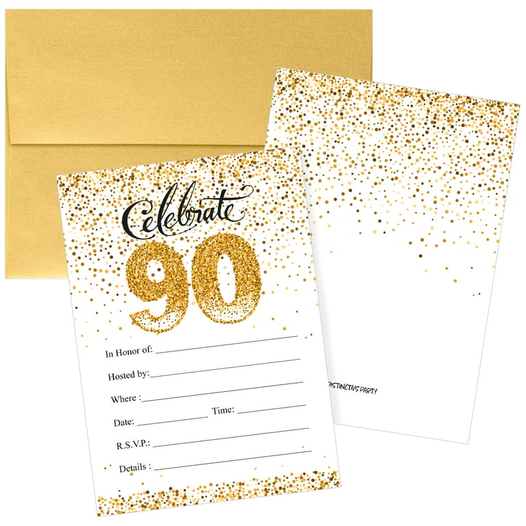 Distinctivs White and Gold 90th Birthday Party Invitation Cards with  Envelopes, 10 Invites