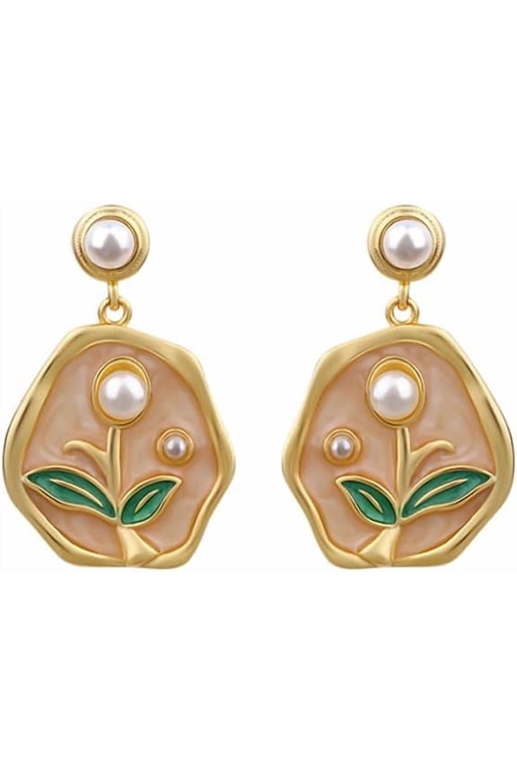 Distinguished Enamel Tulip Elegant Pearl Drop Earrings, 18k Gold-Plated & 925 Silver Post with Hand-Painted Oil Painting Detail[m955]