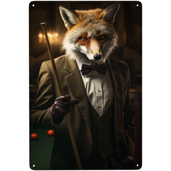 Distinguished Foxes Billiards Player Vintage Tin Sign for Home Game Room Decor Charming Retro Metal Wall Art decor Gifts for Pool Enthusiasts & Animal Lovers Elegant Indoor Bar Decorative Sign 12x8in