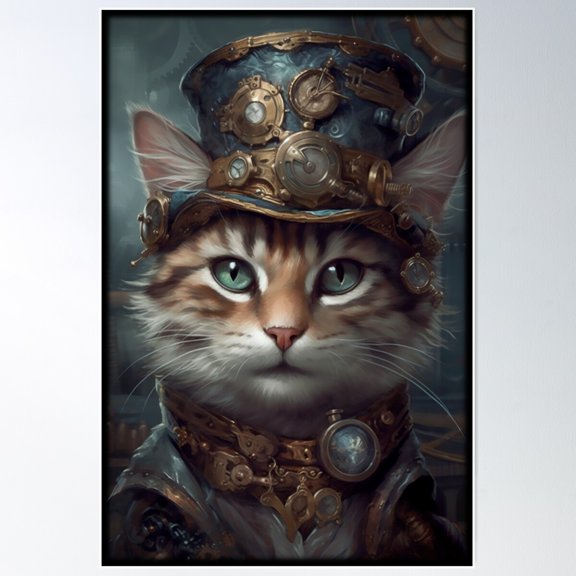 Distinguished Steampunk Kitty, Fun Steampunk Cat Vintage Photograph Poster Wall Art, Modern Wall Decor For Living Room Bedroom, 16x24 UNFRAMED