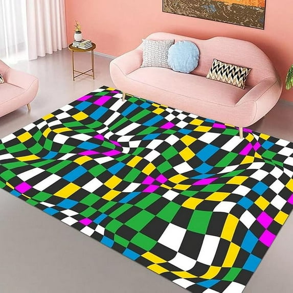 Distorted Checkered Multicolor Soft Area Rug For Living Room Bedroom Playroom Abstract Plaid Carpet Under Dining Table Indoor No-Slip Home Office Floor Rug Hallway Runner Mat 5 x 7ft