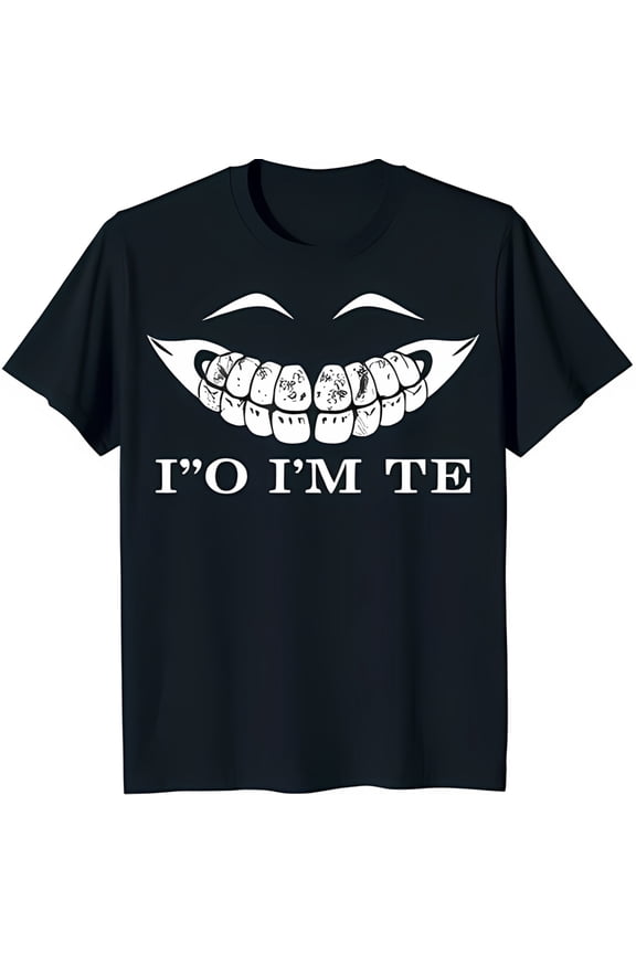 Distorted Grin Black T-Shirt with Humor 'I'O I'M TE' Design