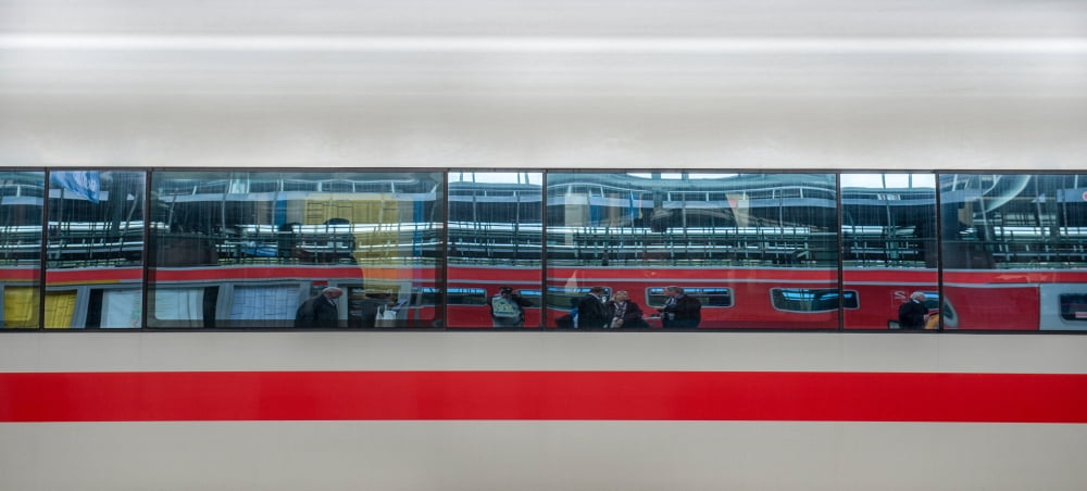 Distorted reflections on ICE train windows Baden-Wurttemberg Germany Canvas Art - Panoramic Images (36 x 12)