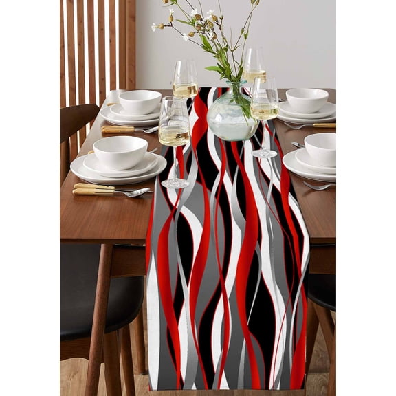 Distortion Red Stripes Table Runner 13x36in Non-Slip Cotton Linen Table Runners, Abstract Geometric Art Dresser Scarves TableRunner for Dinner Kitchen Dining Wedding Party