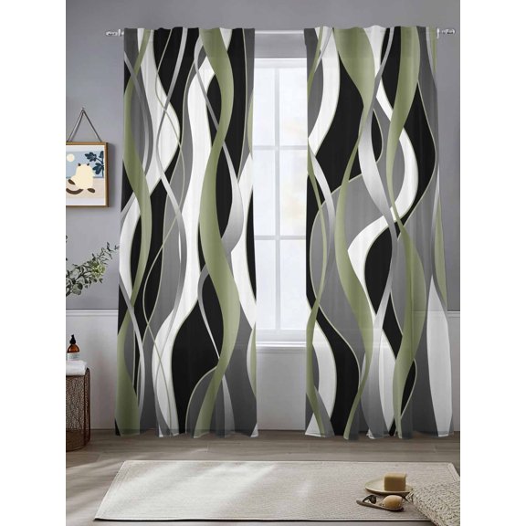 Distortion Sage Green Stripes Chiffon Sheer Curtains 96 Inches Long, Abstract Geometric Art 2 Rod Pocket Window Treatment Voile Drapes Curtains for Living Room Bedroom,2 Panels, 52x96In