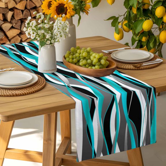 Distortion Teal Blue Grey Stripes Table Runner-36 Inch Long Abstract Geometric Art Table Runners Linen Burlap Tablerunner for Kitchen Dining Room Holiday Party