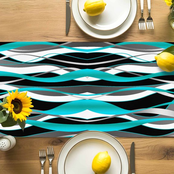 Distortion Teal Blue Grey Stripes Table Runner-72 Inch Long Abstract Geometric Art Table Runners Linen Burlap Tablerunner for Kitchen Dining Room Holiday Party