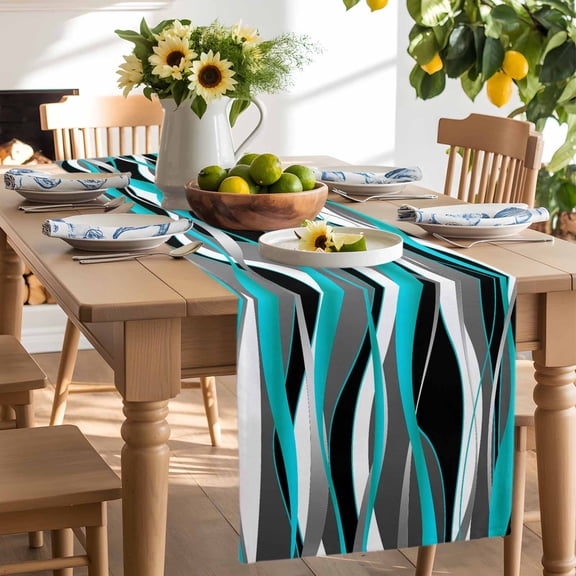 Distortion Teal Blue Grey Stripes Table Runner-90 Inch Long Abstract Geometric Art Table Runners Linen Burlap Tablerunner for Kitchen Dining Room Holiday Party