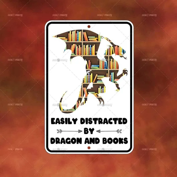 Distracted By Books Dragons Metal Sign Home Room Wall Art Gift Decor Funny A1185