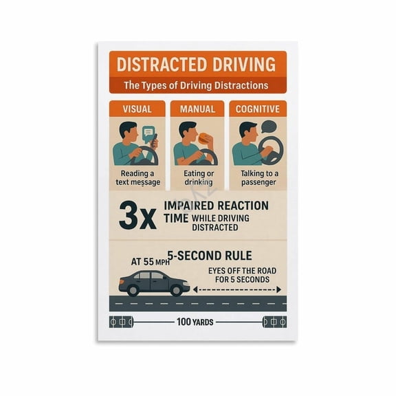 Distracted Driving Poster Driver Training Traffic Education (2) Canvas Painting Wall Art