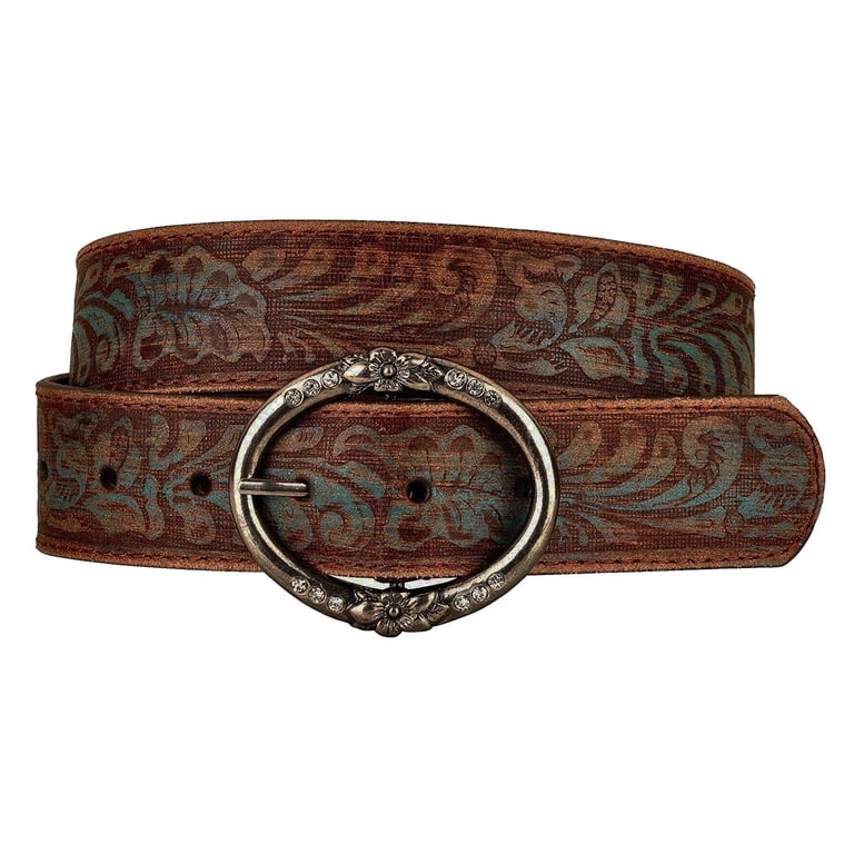 4444 Distress Embossed Brown And Teal Leather Belt With Rhinestone Ring Buckle Western Brown Leather Belt With Light Blue Longhorn  main image 3