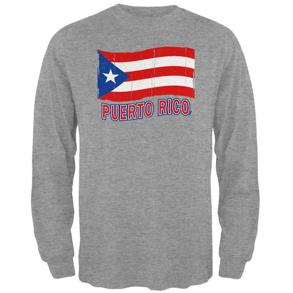 Distress Flag Puerto Rico Mens Long Sleeve T Shirt Heather LG