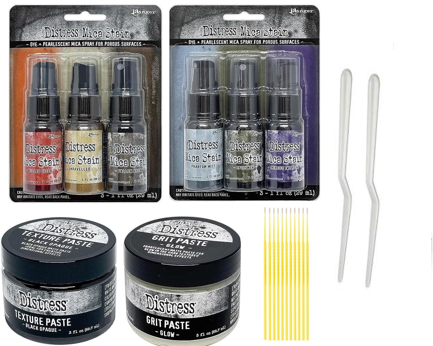Distress Halloween Bundle - Tim Holtz Distress Mica Stain #5 & #6 with Distress Grip Paste Glow and Texture Paste Black Opaque with 2 Palette Knives and Trebbies Detail Sticks