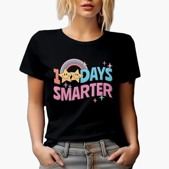 Distressed 100 Days Smarter, Retro Wavy Text & Rainbow Merch Gift, Black T-Shirt, Small