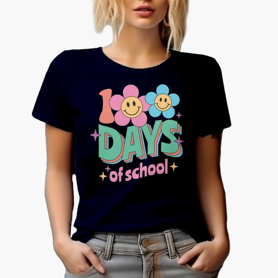 Distressed 100 Days of School, Retro Smiling Flowers Art Merch Gift, Navy Blue T-Shirt, XL