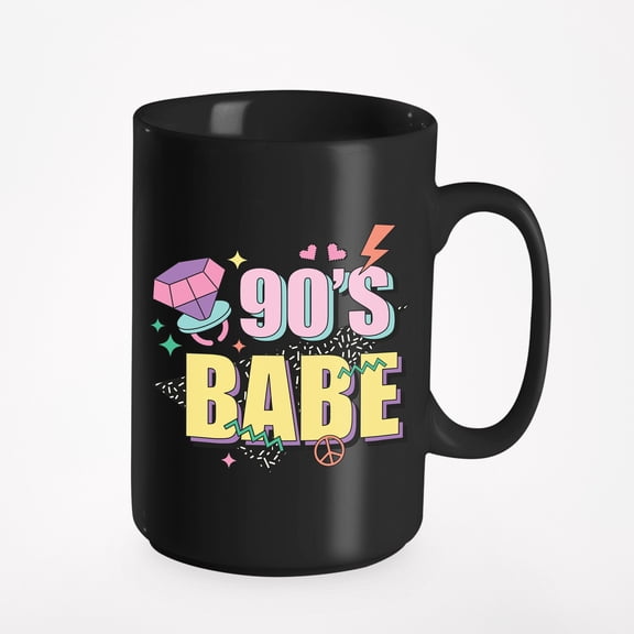 Distressed 90s Babe, Retro Geometric Art, Black 15oz Ceramic Mug