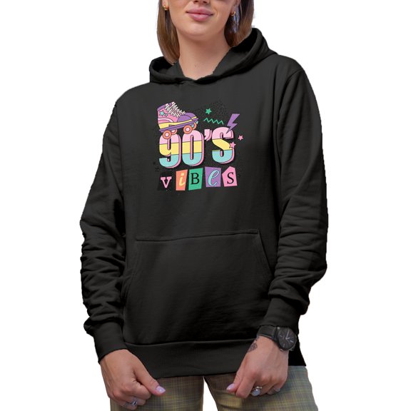 Distressed 90s Vibes, Retro Roller Skaters Art Merch Gift, Black Hooded Sweatshirt or Hoodie, Small