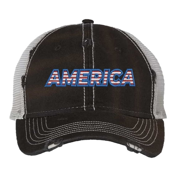 Distressed America Hat - Vintage Patriotic Cap with Flag Color Embroidery - Distressed Trucker Hat (Black)