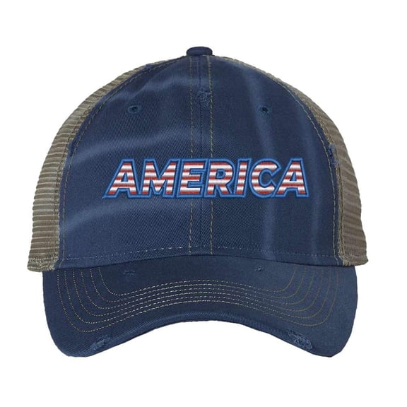 Distressed America Hat - Vintage Patriotic Cap with Flag Color Embroidery - Distressed Trucker Hat (RoyalBlue)