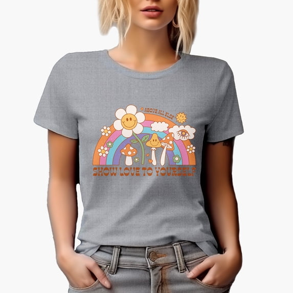 Distressed Above All Else, Show Love to Yourself - Retro Rainbow Art Merch Gift, Heather Grey T-Shirt, XL